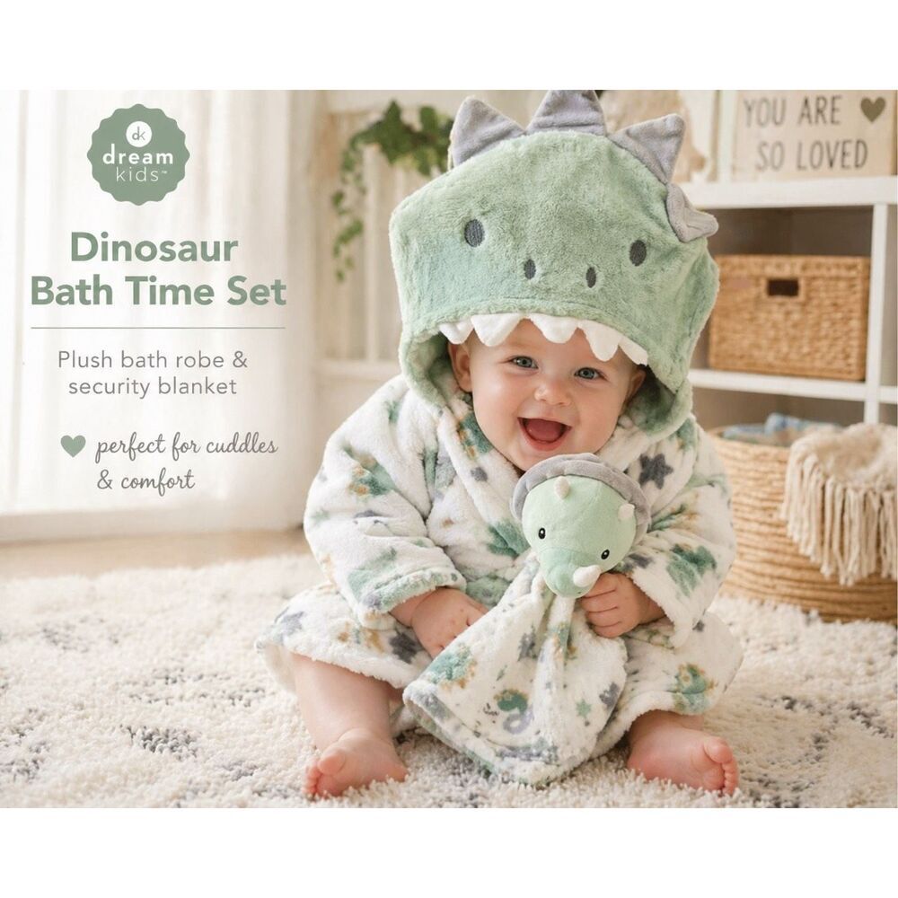 Dream Kids Green Dinosaur Plush Bath Robe & Security Blanket Baby Gift Set Lovey